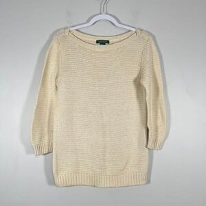 Lauren Ralph Lauren Boat Neck Sweater Womens Large Cream Mercerized Cotton 3/4